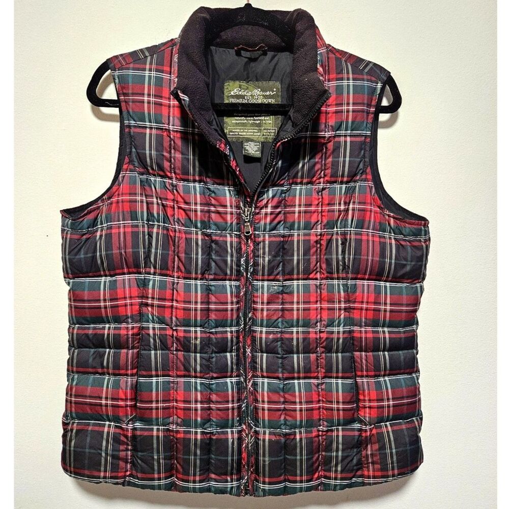 Eddie Bauer Goose Down Puffer Vest Women's L Red Tartan Quilted Cottagecore